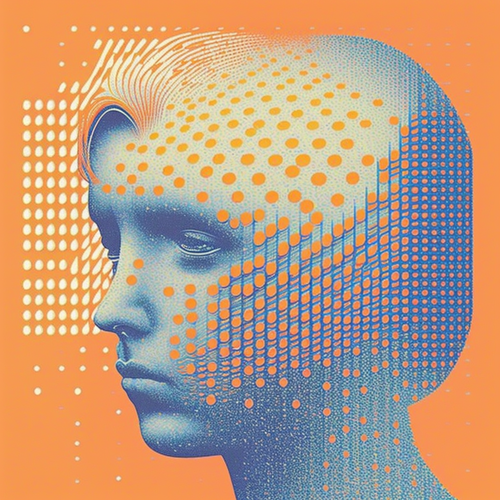 Autistic woman portrayed in halftone, risograph art style, featuring repetitive symmetrical noise patterns, soft aesthetic with easy, light design and multiple layers